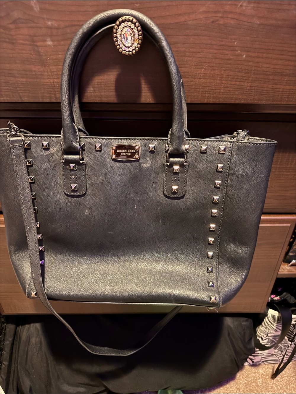 Michael Kors Black Studded Saffiano Tote with Shoulder Strap